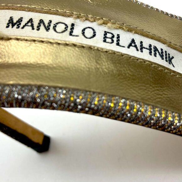 Manolo Blahnik Dixie Metallic T-Strap  Heels Sandals Size 35,5 Made in Italy - Picture 6 of 14